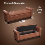 65 Inch Bedroom Bench, End of Bed Bench with Storage, Bed Benches for Foot of Bed, Faux Leather Window Bench with Tufted Button and Nailhead Trim, Upholstered Storage Bench with Rolled Arms, Brown - Image 2