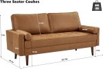 68" Faux Leather Couch Mid Century Modern Sofa Couch w/Tufted Deep Love Seat, 2 Pillows & Solid Wood Frame, Home Sofa Living Room Small Couches for Small Space, Bedroom, Office, Apartment, Brown - Image 2