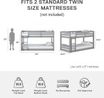 Convertible Low Wood Floor Bunk Bed, Stackable and Detachable Bed Frames for Kids, Solid Wood, with Ladder, High Guardrail, Wood Slats, No Boxspring Required, Twin-Over-Twin, Gray - Image 2