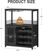 3-Tier Wine Bar Cabinet with LED Lights, Detachable Wine Rack and Storage Space, Buffet Cabinet with Glass Holder and Mesh Door, for Kitchen, Living Room and Bar, Black - Image 2