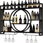 Wall Mounted Wine Rack, Hanging Metal Round Wine Rack Cabinet, Multifunctional Storage Rack, Vintage Style Wine Bottle Shelf, with Wine Glass Holder, for Home Restaurant Bars (120cm/47.2in)