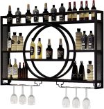 Wall Mounted Wine Rack, Hanging Metal Round Wine Rack Cabinet, Multifunctional Storage Rack, Vintage Style Wine Bottle Shelf, with Wine Glass Holder, for Home Restaurant Bars (120cm/47.2in)