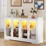 Home Bar Cabinet w/LED Light, 55'' Liquor Cabinet with 4 Doors, Coffee Bar Cabinet with Adjustable Shelves, Wine Cabinet for Kitchen, Living Room, White
