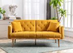 Velvet Futon Sofa Bed with 3 Adjustable Positions, Small Sleeper Sofa Loveseat with 2 Decorative Pillows, Modern Upholstered Convertible Couch with 5 Metal Tapered Legs (Mango Color)