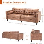 Mid Century Modern Faux Leather Sofa, 84.2-Inch 3-Seater Vintage Couch with 2 Bolster Pillows, Large Brown Sofa for Living Room, Apartment, Office - Image 2