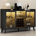 Wine Bar Cabinet with LED Light, Home Coffee Cabinet with Wine Rack and Glass Holder, Kitchen Buffet Sideboard W Storage Shelf, Freestanding Liquor Cabinet for Living Room, Dining Room (Black)