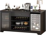 Black Bar Cabinet with Fridge Space, Modern Long Wood Coffee Wine Liquor Cabinet with Refrigerator Space, Large Wide Sideboard Buffet Cabinet with Drawer Storage for Kitchen Dining Room, 70 Inch