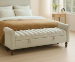 Storage Bench for Bedroom, 65.6'' Ribbed End of Bed  Upholstered Extra-Long Bench for Entryway, Hallway, Cloakroom, Window, Griege.