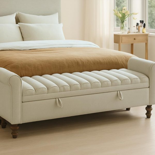 Storage Bench for Bedroom, 65.6'' Ribbed End of Bed  Upholstered Extra-Long Bench for Entryway, Hallway, Cloakroom, Window, Griege.