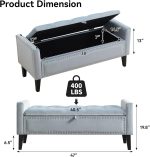 47" Velvet Storage Bench, Upholstered Bed Bench with Storage, End of Bed Ottoman with Wooden Legs,Bedside Storage Bench for Bedroom, Living Room, or Entryway, Blue Grey - Image 2