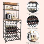 Wine Rack Freestanding Floor 3 Tier Countertop Wine Storage Cabinetd 4 Tier Freestanding Wine Holder Stand with Hold 32 Wine Bottles and 20 Glasses Liquor Bar Cabinet for Dining Room Natural - Image 2