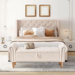 51” Storage Benches, End of Bed Bench with Button-Tufted Large Upholstered Storage Ottoman Linen Window Bench with Storage Shoe Cabinet Bench, for Bedroom, Entryway, Closet, Beige - Image 2