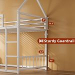 Bunk Bed Twin Over Twin, House Bunk Bed Frame with Ladder and Guardrail, House Shaped with Metal Slats for Dormitory and Bedroom, Space Saving, No Box Spring Needed, White - Image 2
