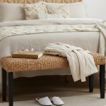 End of Bed Bench for Bedroom, 47" Entryway Bench with Solid Wood Acacia, Water Hyacinth Indoor Bench Seat, Boho Woven Bench for Living Room, Wicker Bench for Hallway or Kitchen, Wood Bench (Black Leg)