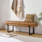 53" Faux Leather Entryway Bench, Button Tufted End of Bed Bench Ottoman for Bedroom, Living Room with Metal Base,Camel