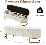 Storage Ottoman Bench, 63" Velvet End of Bed Bench Bedroom Bench  with Golden Metal Legs, Upholstered Storage Bench for Bedroom Living Room Entryway and Window, Beige - Image 2