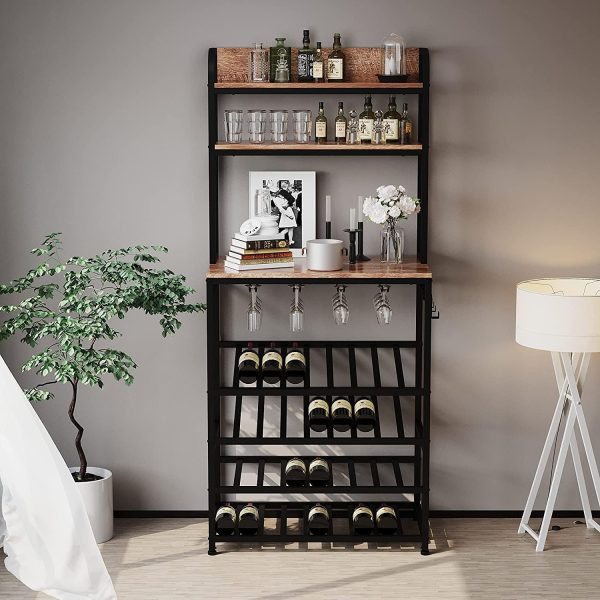 Wine Rack Freestanding Floor 3 Tier Countertop Wine Storage Cabinetd 4 Tier Freestanding Wine Holder Stand with Hold 32 Wine Bottles and 20 Glasses Liquor Bar Cabinet for Dining Room Natural