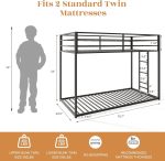 Twin Over Twin Low Bunk Bed Frame for Kids Teens Adults, Metal Heavy Duty Sturdy Bunk Bed with Guardrail & Convertible Ladder for Dorm Apartment Small Bedroom, No Box Spring Needed, Black - Image 2