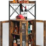 Corner Bar Cabinet with Glass Holder,Industrial Wine Cabinet with Mesh Door,4-Tier Wine Cabinet with Open Shelf,Farmhouse Home Bar for Liquor and Wine Storage,Rustic Brown