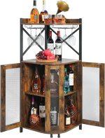 Corner Bar Cabinet with Glass Holder,Industrial Wine Cabinet with Mesh Door,4-Tier Wine Cabinet with Open Shelf,Farmhouse Home Bar for Liquor and Wine Storage,Rustic Brown