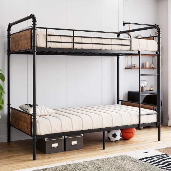 Twin Over Twin Metal Bunk Bed with High Guardrail and Ladder, Convertible Metal Bunk Beds for Kids/Teens/Adults,Easy Assembly, No Box Spring Needed