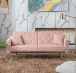 Velvet Futon Sofa Bed with 3 Adjustable Positions, Small Sleeper Sofa Loveseat with 2 Decorative Pillows, Modern Upholstered Convertible Couch with 5 Metal Tapered Legs (Pink)