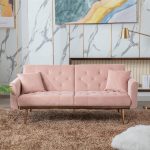 Velvet Futon Sofa Bed with 3 Adjustable Positions, Small Sleeper Sofa Loveseat with 2 Decorative Pillows, Modern Upholstered Convertible Couch with 5 Metal Tapered Legs (Pink)