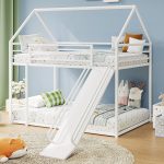 Twin-Over-Twin Low Bunk Bed with Convertible Slide,Montessori Floor Bunk Bed Frame with Full-Length Guardrail,Heavy Duty Metal Bed with House Shape and Roof for Toddlers,White