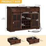 53" Wine Bar Cabinet with Power , Farmhouse Home Bar Cabinet for Storage Liquor, Kitchen Coffee Wine Bar Buffet Cabinet with Wine & Glass Rack, Doors & Shelves & Drawers, Rustic Dark Brown - Image 2