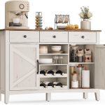 Buffet Cabinet, Coffee Bar Cabinet with 3 Drawers, Adjustable Shelves, Sideboard Storage with Cable Holes, Drawer Dividers, Rustic White and Honey Brown