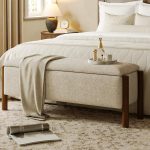 Modern Storage Benches with Walnut Wood Legs, 47'' Ottoman Bench with 20 Gallons Storage Space for Bedroom End of Bed, Fabric Upholstered Entryway Bench with Seating for Livingroom, Beige