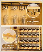 Wine Bar Cabinet,Wine Rack Floor Free with Doors Glass Holder,4 Tiers Wine Bottle Storage and Side 4-Layer Shelves for Living Room, Dining Room, Kitchen(Bamboo) - Image 2