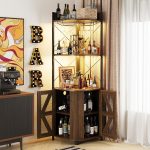 Corner Bar Cabinet with LED Lights and Power , 63 Inch, 5-Tier Industrial Wine Bar Cabinet with Glass Holder, Liquor Cabinet Bar Unit for Home - Dark Walnut