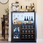 3-Tier Wine Bar Cabinet with LED Lights, Detachable Wine Rack and Storage Space, Buffet Cabinet with Glass Holder and Mesh Door, for Kitchen, Living Room and Bar, Black
