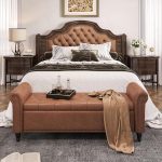 65 Inch Bedroom Bench, End of Bed Bench with Storage, Bed Benches for Foot of Bed, Faux Leather Window Bench with Tufted Button and Nailhead Trim, Upholstered Storage Bench with Rolled Arms, Brown