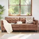 Mid Century Modern Faux Leather Sofa, 84.2-Inch 3-Seater Vintage Couch with 2 Bolster Pillows, Large Brown Sofa for Living Room, Apartment, Office