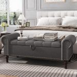 51” Bench with Storage, Upholstered Tufted Button Bedroom Bench with Storage, Faux Leather End of Bed Bench with Rolled Arms, Storage Ottoman Bench for Bedroom, Living Room, Entryway, Gray