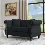 Sofa, Retro Style Upholstered 2 Seater Velvet Couch with Rolled Arm for Living Room Bedroom Office Apartment, Black