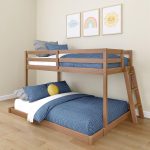 Twin Over Full Bunk Bed, Low Bunk Bed Frame for Kids, Bunk with Ladder, Guardrail, and Slats, No Box Spring Required, Oak Embossed Pecan