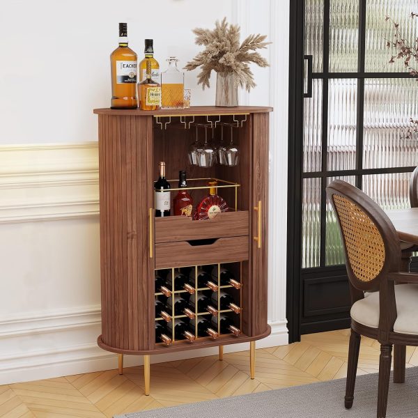 Wine Bar Cabinet with Tambour Door, Wood Liquor Cabinet with 16 Wine Rack and Glass Holder, Coffee Bar Station for Home, Living Room, Brown