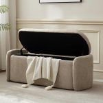 46" Oval Storage Ottoman Bench, Upholstered End of Bed Bench Ottomans Bench Foot Rest,  Storage Bench for Bedroom, Living Room and Hallway, Light Brown