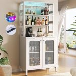 Bar Cabinet with Power s, 67" Tall Wine Bar Cabinet Liquor Cabinet with LED Lights and Glass Holder, Coffee Bar Station for Living Room, Microwave Stand Bakers Rack Cabinet, White