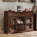 53" Wine Bar Cabinet with Power , Farmhouse Home Bar Cabinet for Storage Liquor, Kitchen Coffee Wine Bar Buffet Cabinet with Wine & Glass Rack, Doors & Shelves & Drawers, Rustic Dark Brown