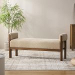 End of Bed Bench, 51.8” Modern Upholstered Bedroom Bench Indoor Bench with Arms, Entryway Bench with Solid Wood Frame for Bedroom Living Room, Brown