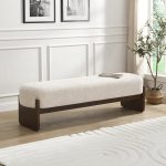 Minimalist Style Rectangular Loop Yarn Fabric Ottoman Bench, Rubberwood Frame, Entryway Bench, Living Room Sofa Extra Seat, End of Bed Footstool, Beige+Brown