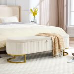 Storage Ottoman Bench, 63" Velvet End of Bed Bench Bedroom Bench  with Golden Metal Legs, Upholstered Storage Bench for Bedroom Living Room Entryway and Window, Beige
