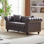 Sofa, Retro Style Upholstered 2 Seater Tech Fabric Couch with Rolled Arm for Living Room Bedroom Office, Grey