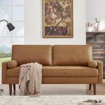 68" Faux Leather Couch Mid Century Modern Sofa Couch w/Tufted Deep Love Seat, 2 Pillows & Solid Wood Frame, Home Sofa Living Room Small Couches for Small Space, Bedroom, Office, Apartment, Brown