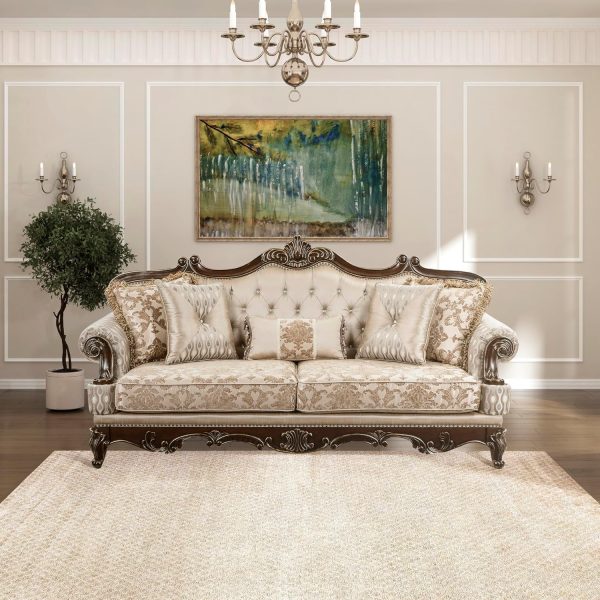 Traditional Sofa Couch for Living Room, Rolled Arm Sofa with 5 Accent Pillows, Tufting, Queen Legs in Cherry Finish with Gold Tipping, Upholstered Living Room Furniture, 3 Seater Couch, Brown
