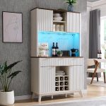 72" Tall Wine Bar Cabinet with Storage Hutch, Modern Wood Fluted Coffee Bar Cabinet with LED Lights and 10 Tier Storage Shelf & 9 Grid Wine Glass Rack for Home Dining Room Kitchen (Antique White)